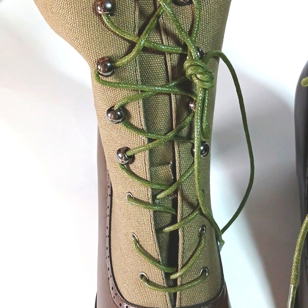 🥿 Victorian Lace Up Boots Green Canvas Brown Vegan Leather Size EU 40 Vintage - Picture 10 of 10